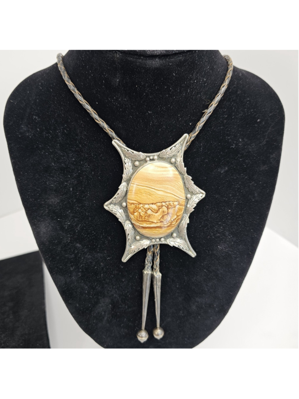 Vintage Navajo Sterling Silver Picture Jasper Bolo Tie Signed Southwestern 65.5g